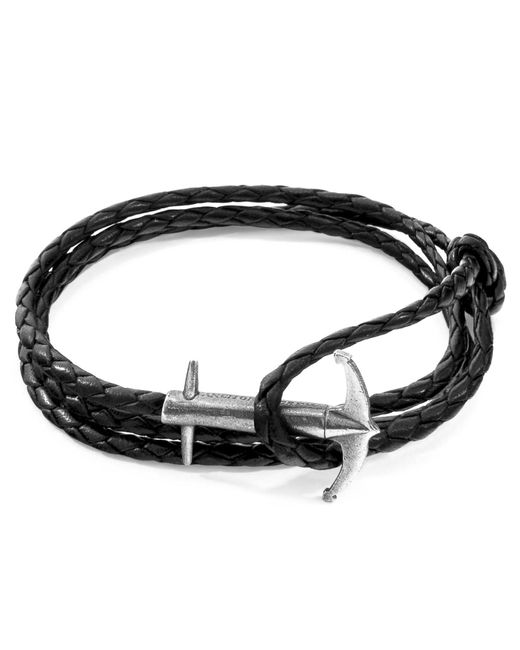 Anchor and Crew Multicolor Coal Black Admiral Anchor Silver & Braided Leather Bracelet for men
