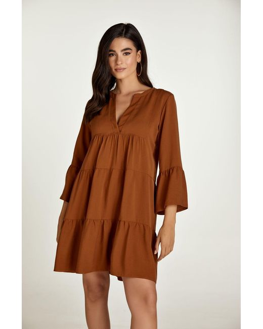 Conquista Brown Chocolate Tencel Gathered Seams Dress