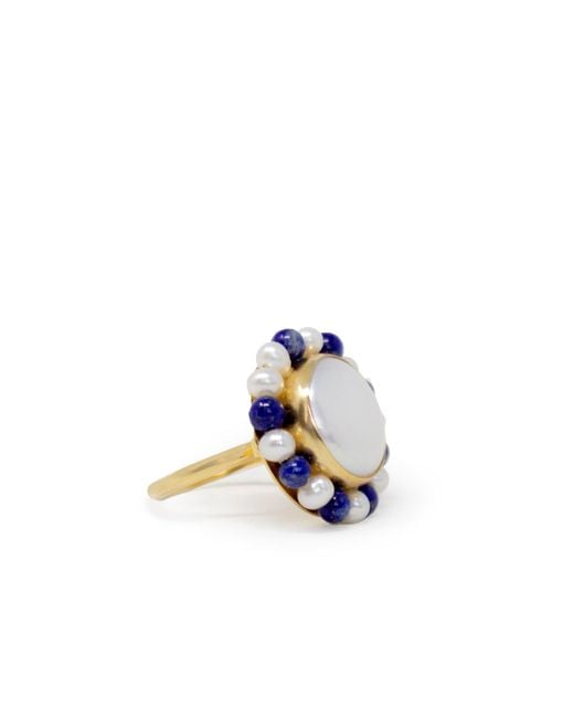 Vintouch Italy Blue Lotus Gold-plated Pearl And Lapis Ring