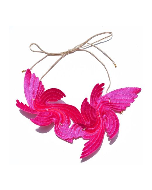 Nana Watanabe Pink Joy Bird Wing Sculptural Embroidered Statement Necklace