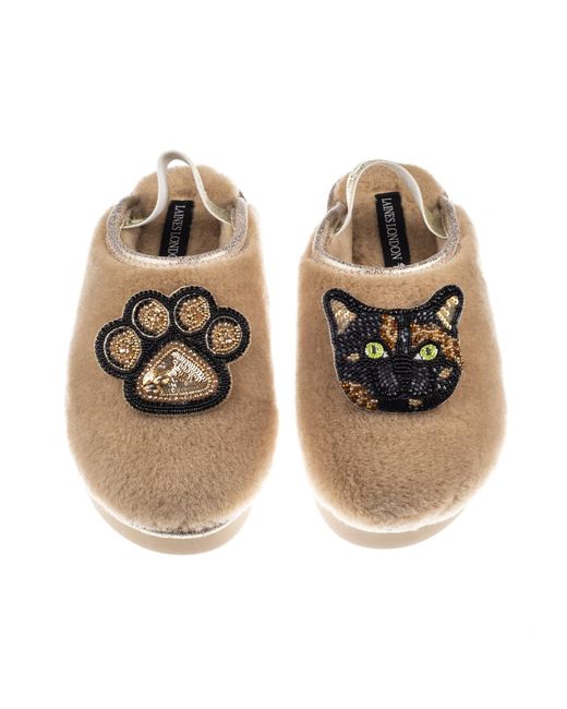 Laines London Metallic Neutrals Flatform Cloud Slippers With Misty The Tortoiseshell Cat & Paw Brooches