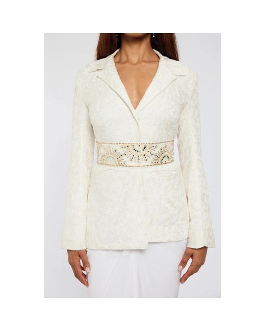 International Appeal White Paisley Blazer With Embellished Waisted Belt