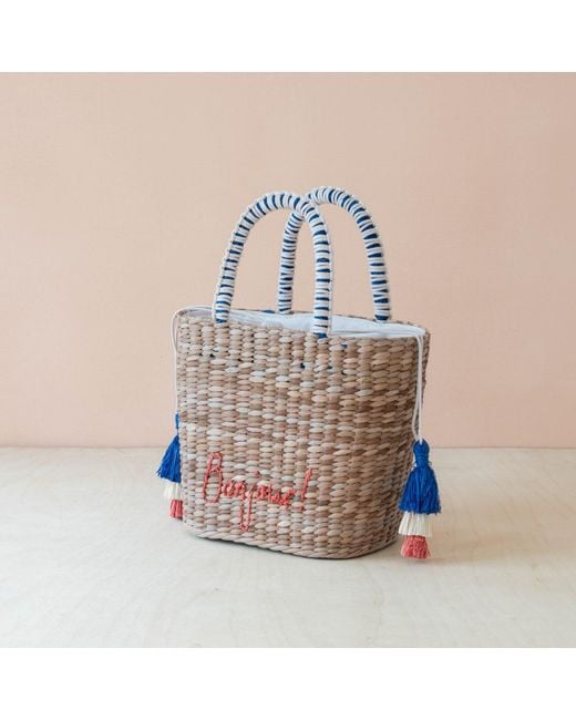 LIKHÂ Blue Neutrals Handwoven Seagrass Bonjour Tote Bag With Tassels