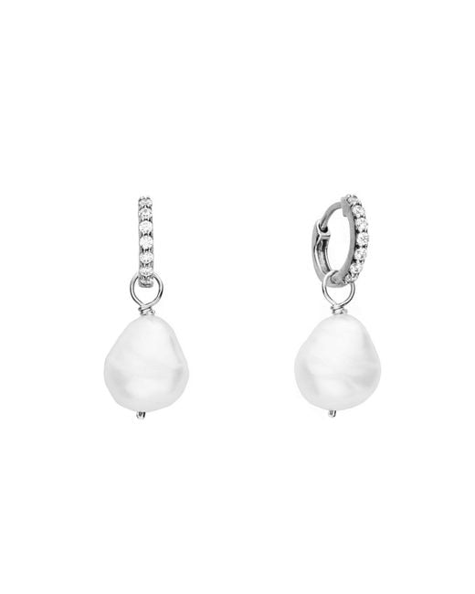 Lily & Roo Metallic Small Sterling Diamond Huggie Pearl Drop Earrings