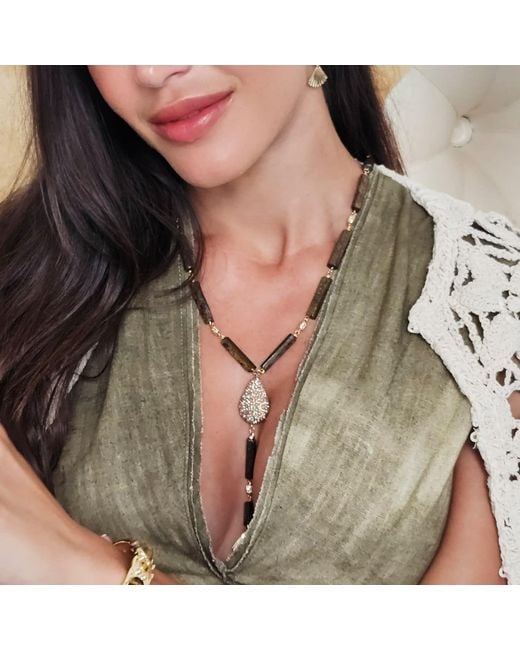 Farra Brown Y Shaped Tiger-Eye Stone With Rhinestone Tassel Lariat Necklace