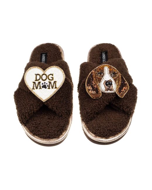 Laines London Brown Neutrals Laines Neutral Boucle Slippers With Ziggy The Beagle & Dog Mum Mom Brooches