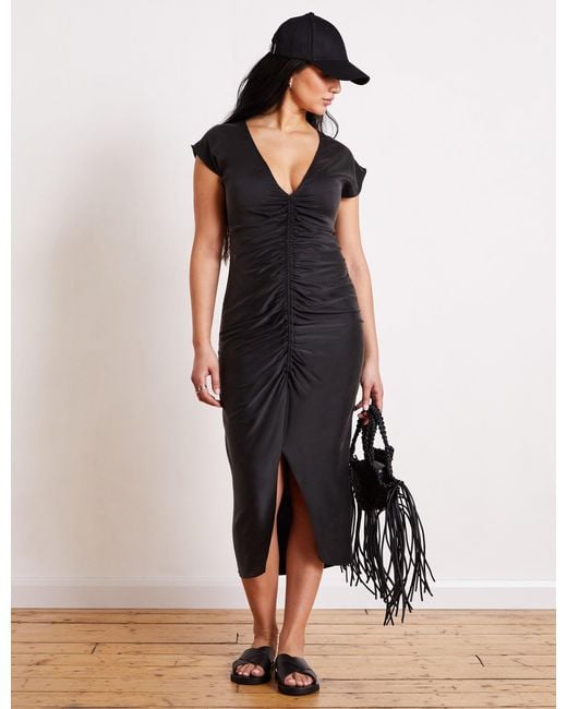 The Summer Edit Black Rudi Sandwashed Silk Ruched Dress