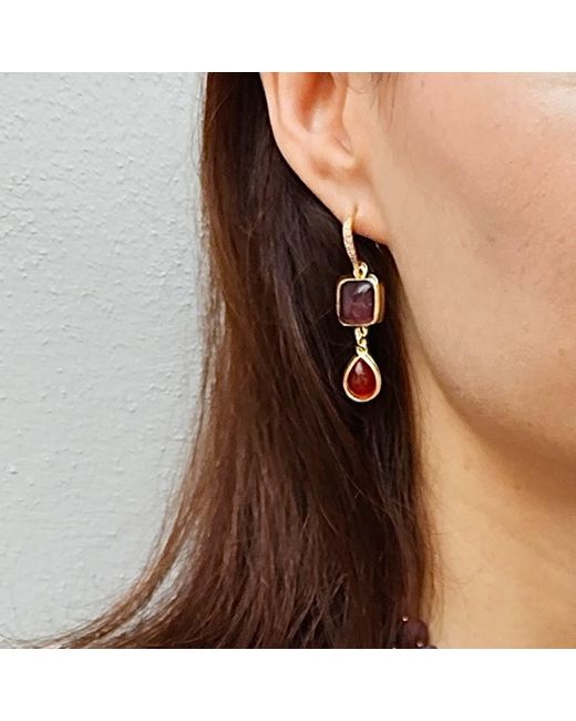 Farra Red Natural Garnet With Agate Dangle Earrings