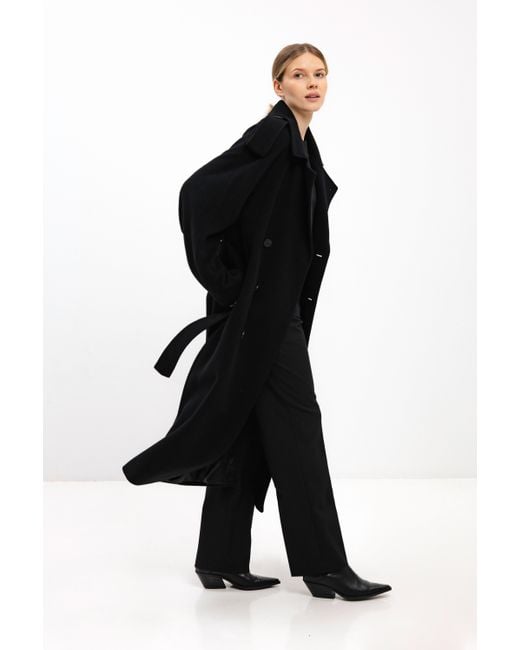 InAvati Black Long Double-Breasted Wool Coat