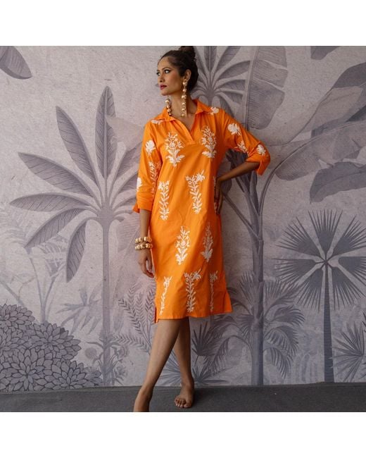 NoLoGo-chic Orange Long Tourist Dress Satsuma With Embroidery
