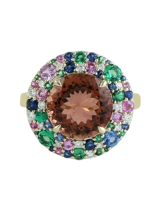 Artisan Green Tourmaline, Sapphire, Tsavorite & Diamond Halo Statement Ring