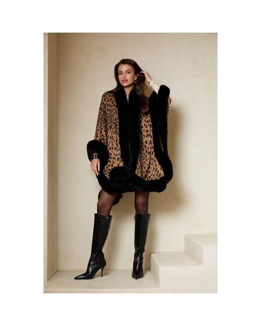 Saachi Brown Cheetah Print Burly Wood Kimono Faux Fur Cape