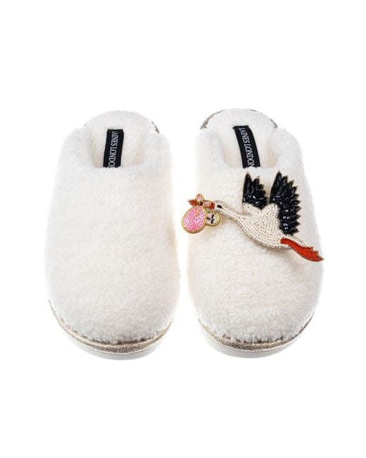 Laines London White Neutrals Cream Teddy Closed Toe Slippers With Baby Girl Stork Brooches