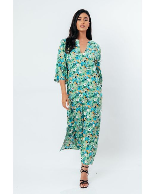 Conquista Green Floral Kaftan Style Maxi Dress
