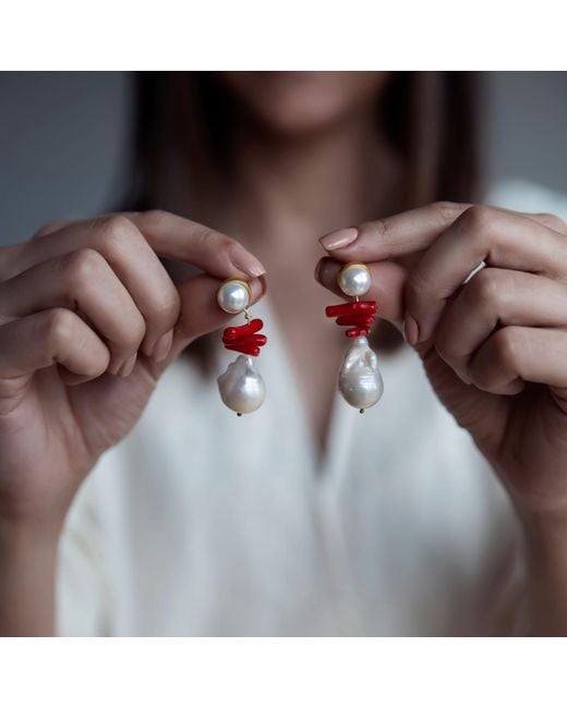 LINYA JEWELLERY Red Coral Baroque Pearl Earrings
