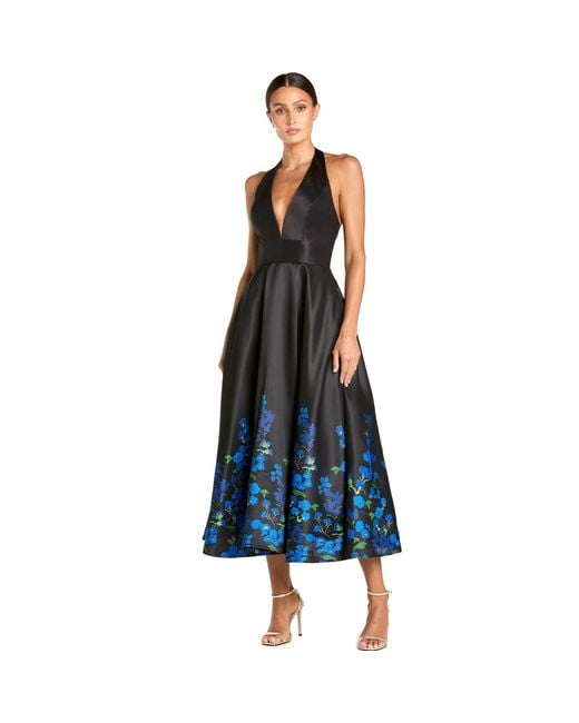 Mac Duggal Blue Halter Neck Floral Printed Satin Midi Dress