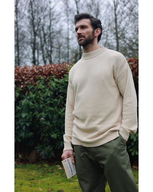 Paul James Knitwear Natural Neutrals Midweight Cotton Linen Sark Mock Neck Gansey Jumper for men
