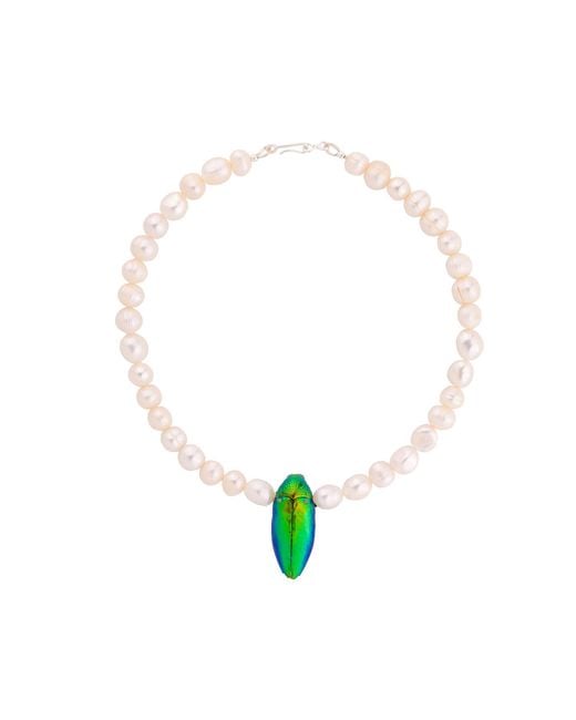 Oana Savu Metallic Beetle Real Insect And Freshwater Pearls Choker