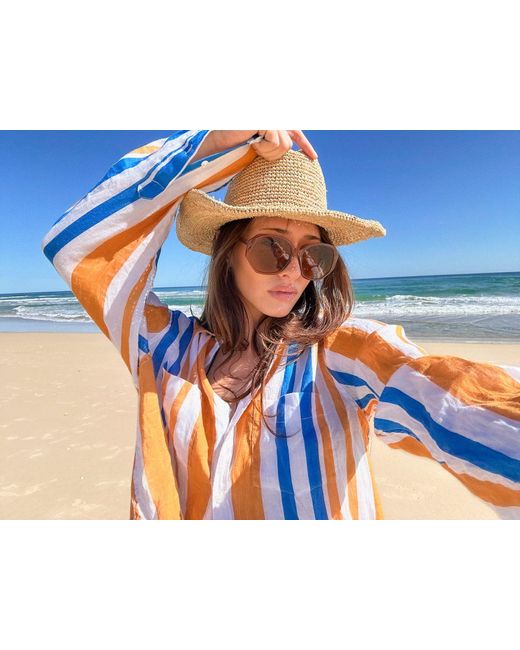 Hut Noosa Blue Zanzibar Stripe Oversized Boyfriend Linen Shirt