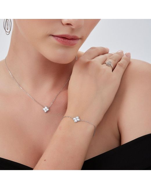 Spero London White Enamel Four Leaf Clover Necklace & Bracelet Set With Gemstone