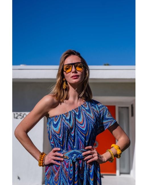 Jennafer Grace Blue Hallucinogen Plume One Shoulder Maxi Dress