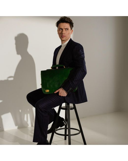 Time Resistance Green Leather Briefcase Laptop Bag for men