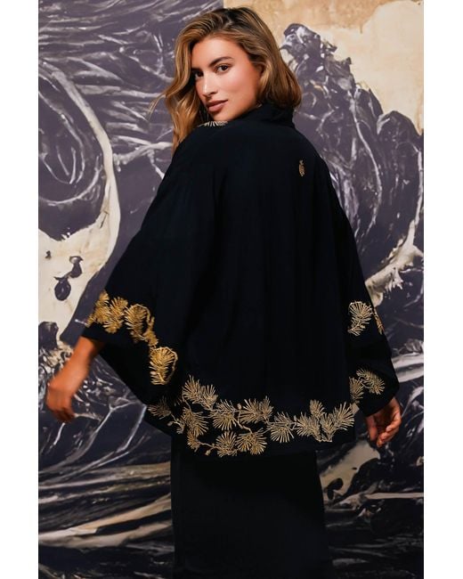Artemis Muse Black Japanese Pine Needle Embroidered & Fully Lined Short Kimono