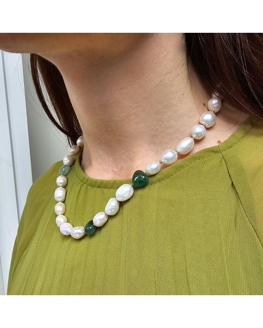 Farra Metallic Freshwater Pearls With Heart Shaped Aventurine Free Style Necklace