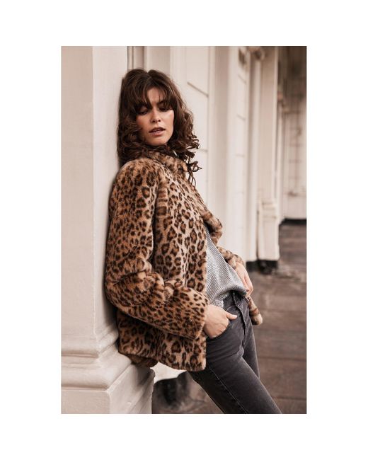 ISSY LONDON Brown Neutrals Claudia Luxe Faux Fur Jacket Leopard
