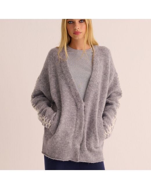 Mamu Dream Gray Soft Marl Alpaca Blend Cardigan With Ivory Stitch Detail