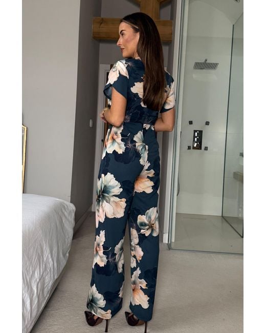 Girl In Mind Blue Bridget Twist Font Split Arm Jumpsuit Floral