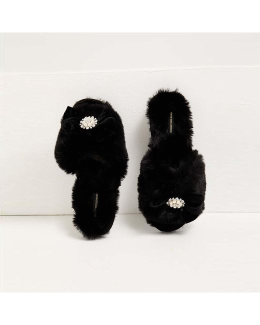 Pretty You London Black Anya Slider Slipper With Diamante
