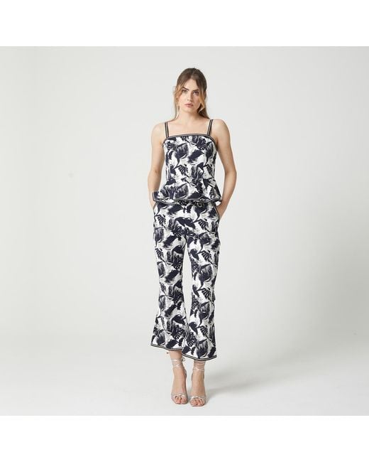 Lalipop Design Blue Palm Leaves Design Printed Peplum-Hem Bustier Top