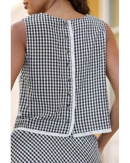 Yumi' Black Gingham Cotton Top With Lace Trims