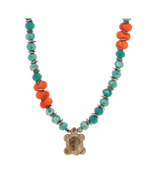 Ebru Jewelry Blue Turtle Blessing Crystal & Coral Beaded Necklace