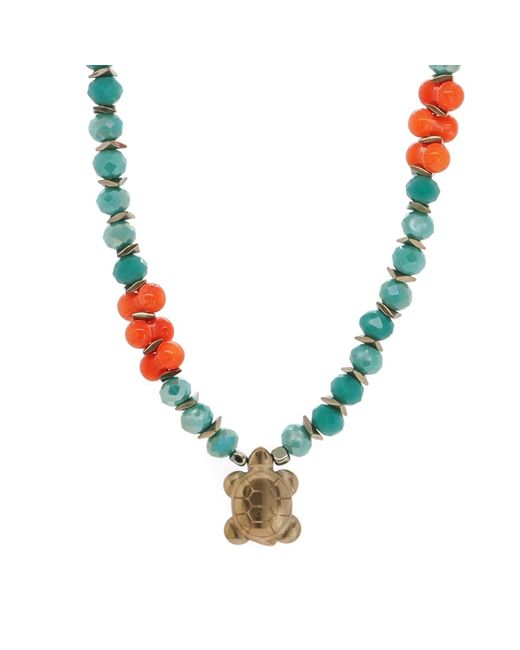 Ebru Jewelry Blue Turtle Blessing Crystal & Coral Beaded Necklace