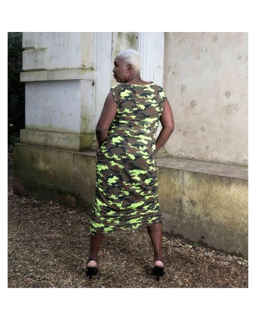 Sylvia Piechulla Green Boudicca Summer Neon Lime Camouflage Camo Midi Dress With Khaki Undergarment