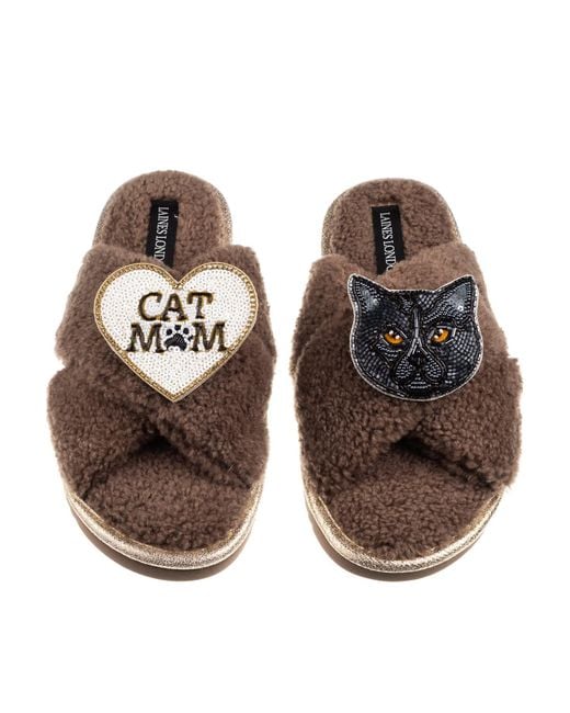Laines London Brown Neutrals Boucle Slippers With Cat Mum/Mom & British Shorthair Brooches