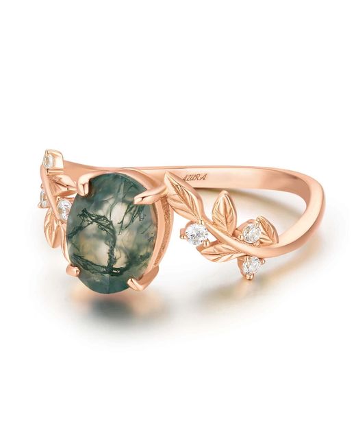 Azura Jewelry New York Metallic Between The Leaf Oval Moss Agate Ring Solid