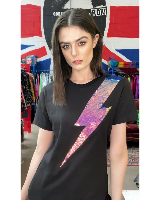 Any Old Iron Black Iridescent Oil Slick Sequin Lightning T-Shirt
