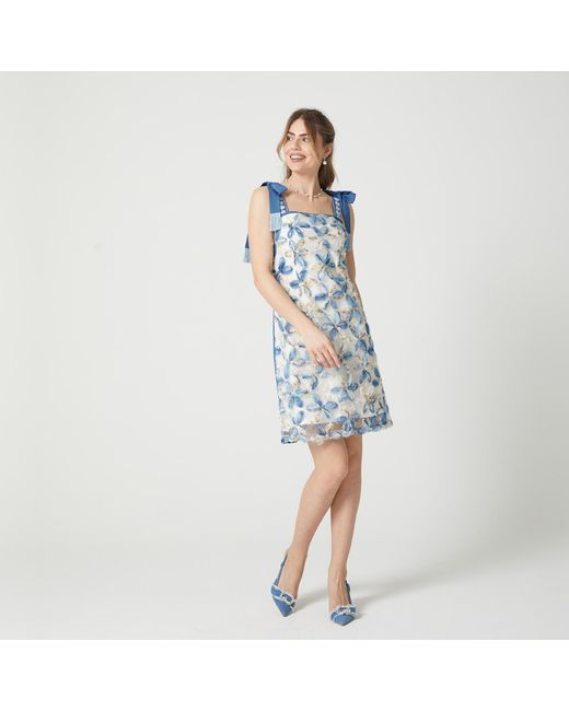 Lalipop Design Blue Flower Applique Mini Dress With Tieable Straps