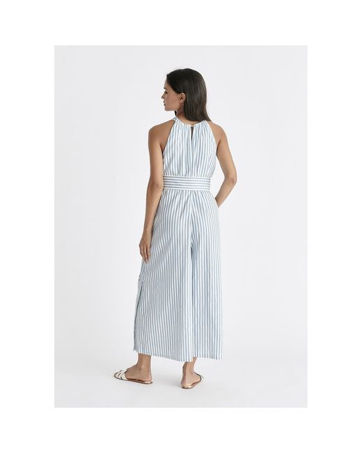 Paisie Blue Striped Halterneck Cotton Jumpsuit