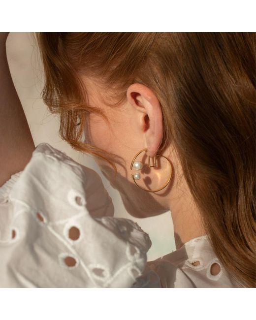 LINYA JEWELLERY Metallic Geometric Hoop Pearl Earrings