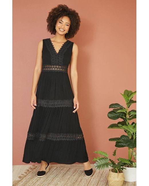 Yumi' Black Lace Trim Cotton Midi Sun Dress