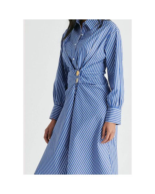 Paisie Blue Asymmetric Striped Shirt Dress With Button Detail
