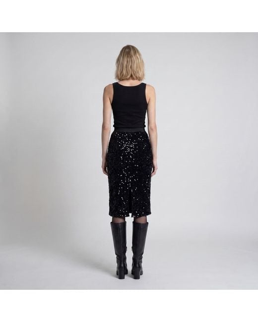 Modenaire Black Sequin Midi Skirt With High Waist And Slim Pencil Silhouette