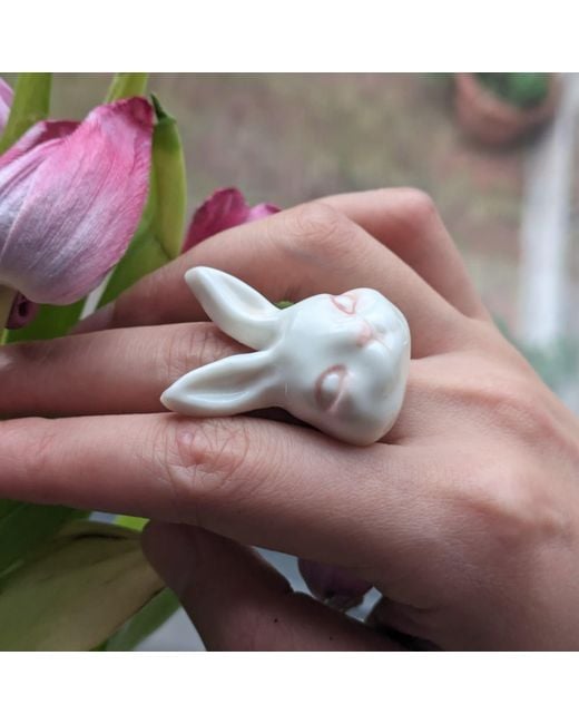 H2 Studio White Grumpy Bunny Porcelain 14K Plated Brass Ring
