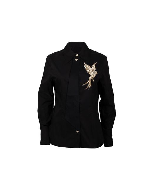 House of Laines London Black Laines Couture Tie Shirt With Embellished Bird Of Paradise