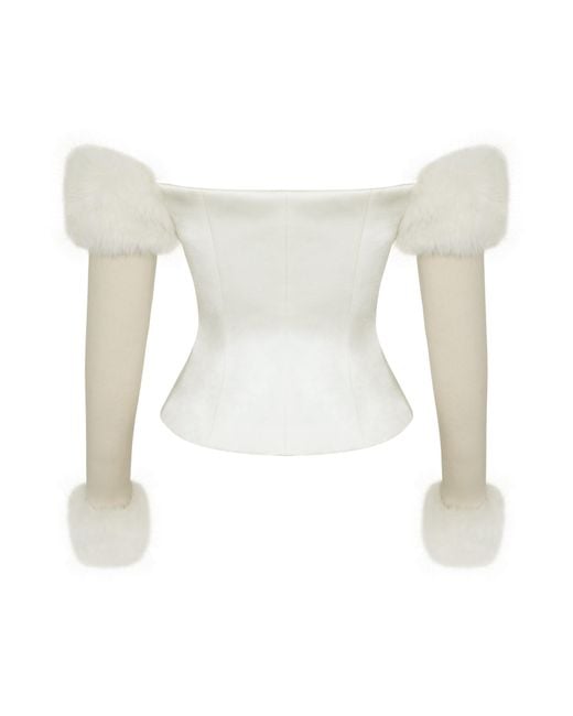 Miss Circle New York White Nola Ivory Off-Shoulder Fur Trimmed Top