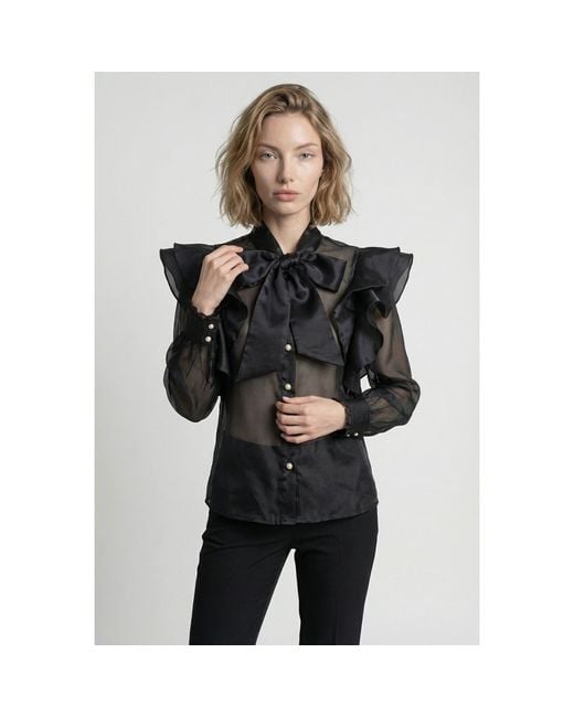Modenaire Black Sheer Ruffle Blouse With Statement Bow